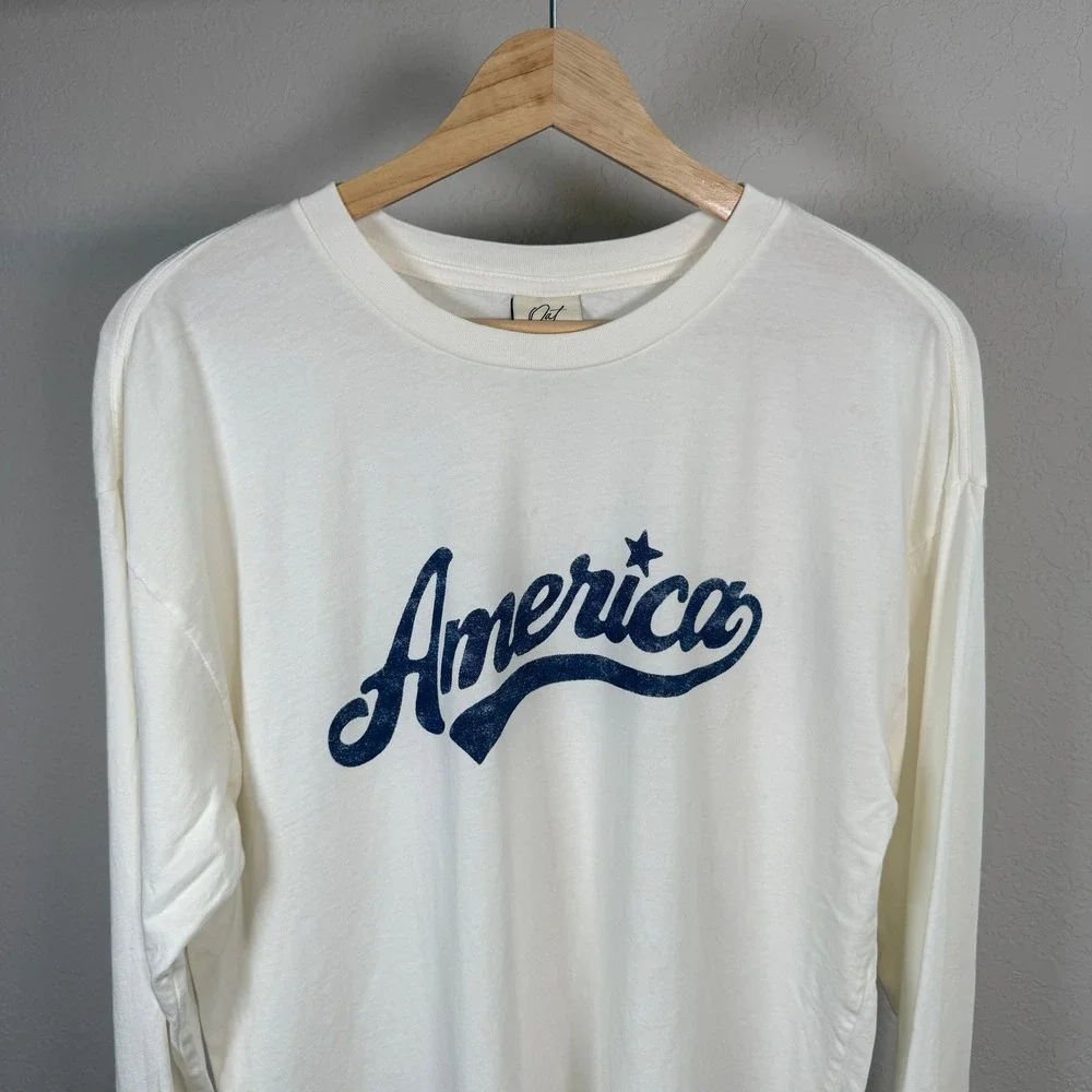 Oat Collective Womens America Graphic Long Sleeve Tee Cream Navy Blue Size M - Picture 3 of 9